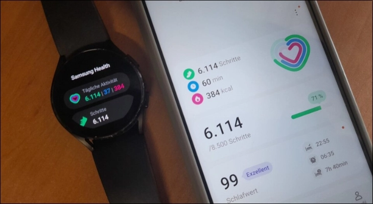 Ứng dụng Samsung Health Hub trên Galaxy Watch, hiển thị dữ liệu sức khỏe thời gian thực.